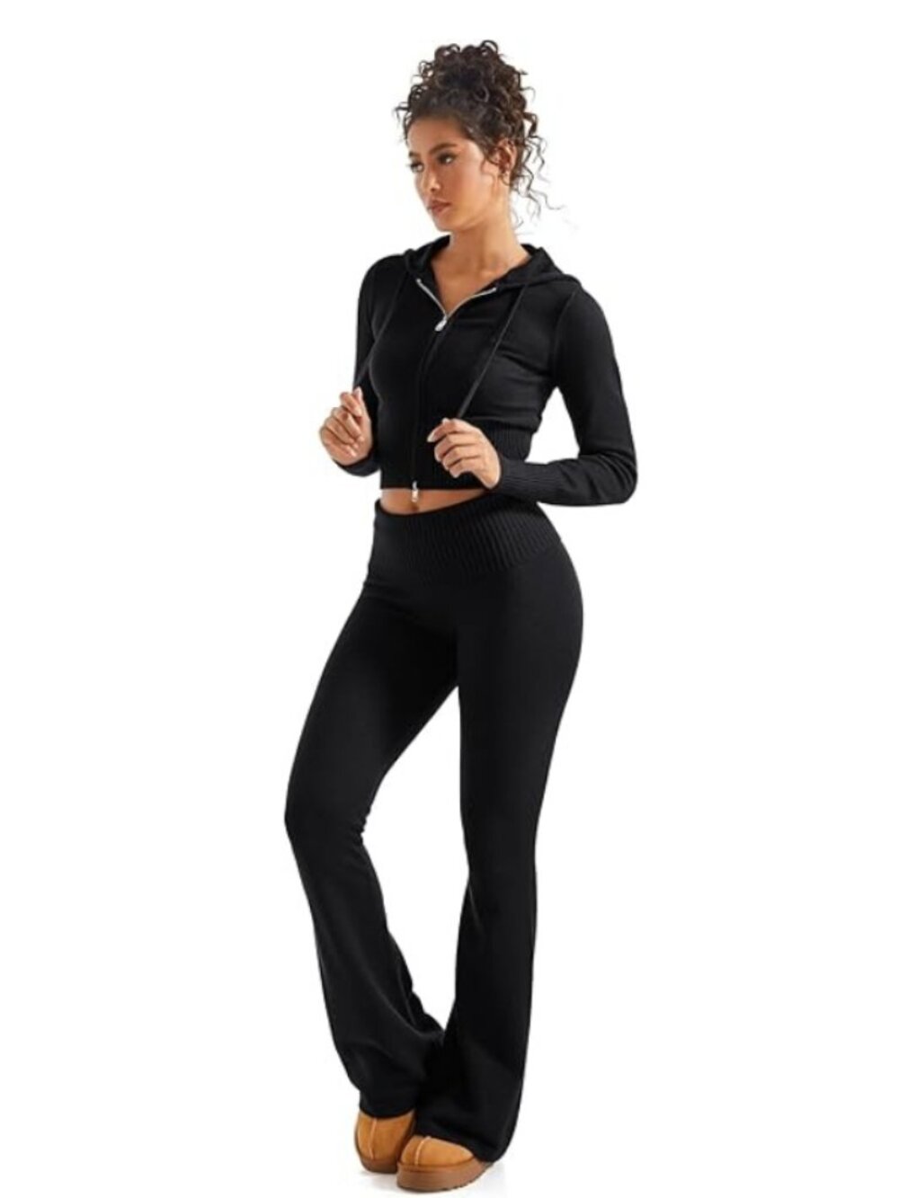 2 Piece Knit Set Cropped Zip Up Hoodie Foldover Flare Leg Pants Sweatsuit - Picture 3 of 7